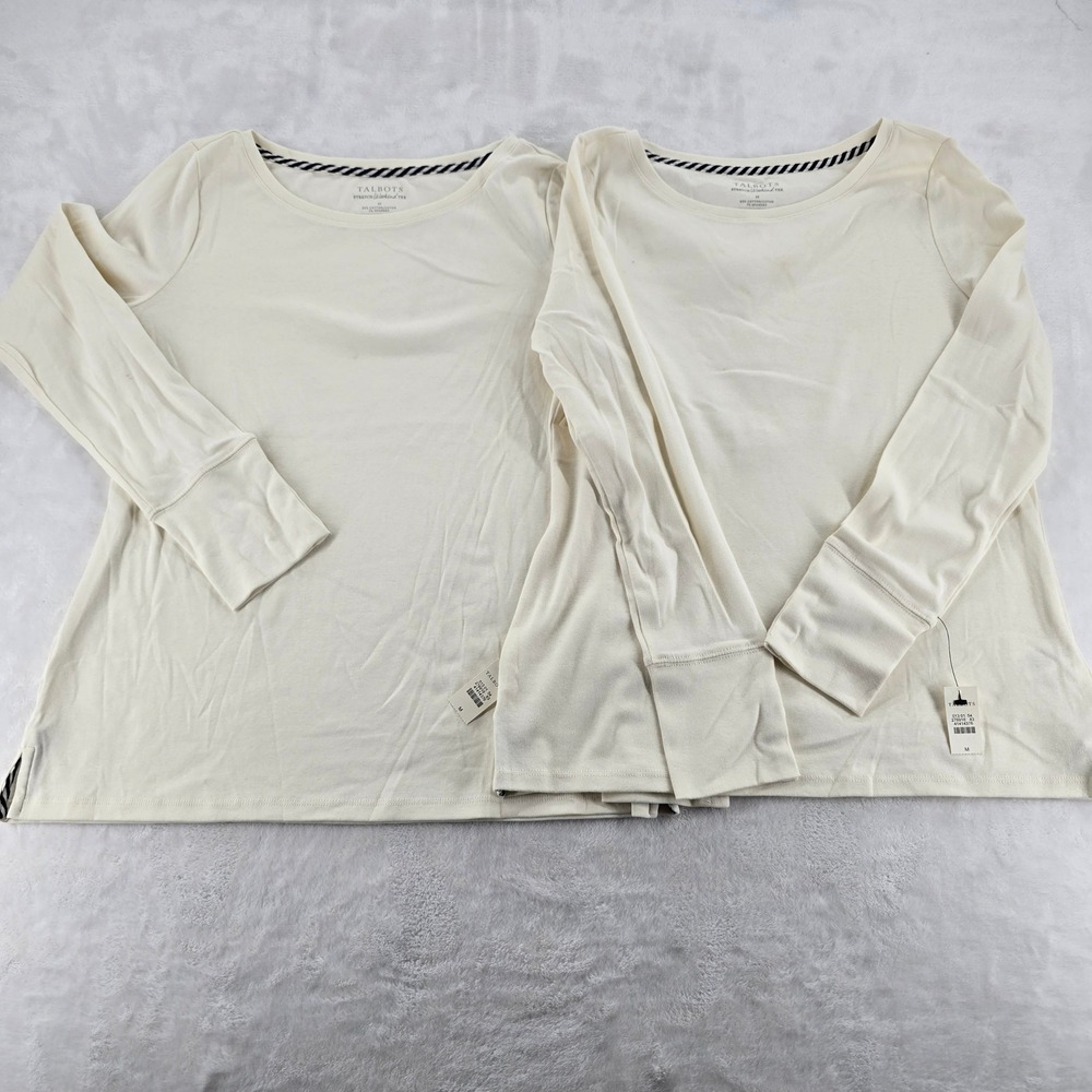Talbots Stretch Weekend Tee Size M Ivory Long Sleeve Cotton Spandex 2 Pack NWT